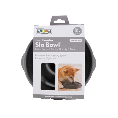 Product packaging for an Outward Hound 'Fun Feeder Slo Bowl' featuring a dog eating from it.