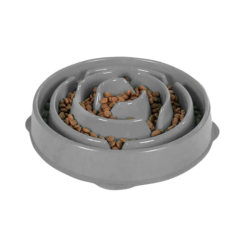 Grey Outward Hound slow feeder bowl with kibble on a white background.