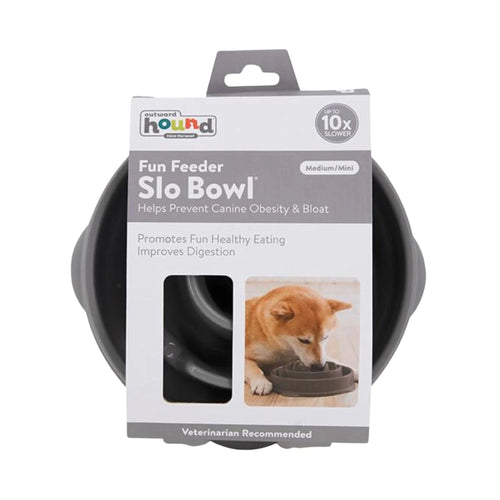 Outward Hound Fun Feeder Slo Bowl retail packaging in Grey, Medium/Mini size