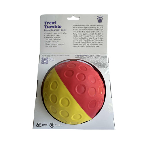 Back of Outward Hound Treat Tumble Large packaging with usage instructions and care information.