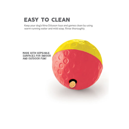 Red and yellow treat ball toy with easy-to-clean instructions.