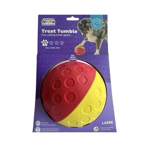 Front packaging of Outward Hound Nina Ottosson Treat Tumble Large red and yellow dog toy showing product features.