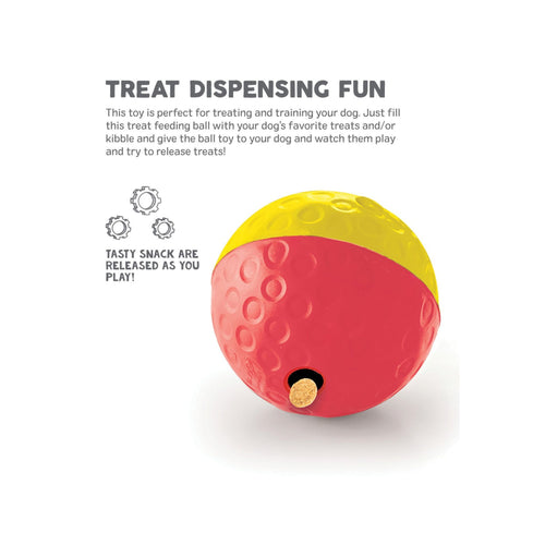 Treat Dispensing Fun graphic for Outward Hound Treat Tumble Large red and yellow dog toy highlighting training benefits.