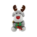 Prestige Snuggle Pal Festive Dog Toy – grey and white plush dog with reindeer antlers, red nose, and a gift, perfect for Christmas cuddles and play.