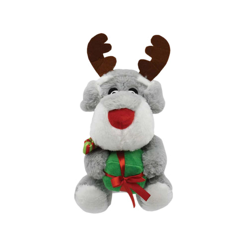 Prestige Snuggle Pal Festive Dog Toy – grey and white plush dog with reindeer antlers, red nose, and a gift, perfect for Christmas cuddles and play.