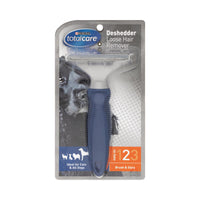 Front view of Purina Total Care DeShedder packaging, featuring blue and grey grooming tool designed for removing loose pet hair.