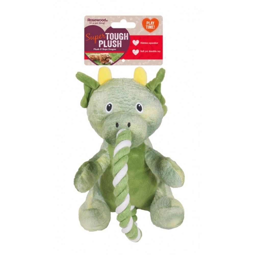 Super Tough Plush Green Rope Dragon dog toy by Rosewood. 