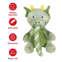 Listed Features of the Rosewood Green Rope Dragon Dog Toy highlighting the hidden squeaker inside.