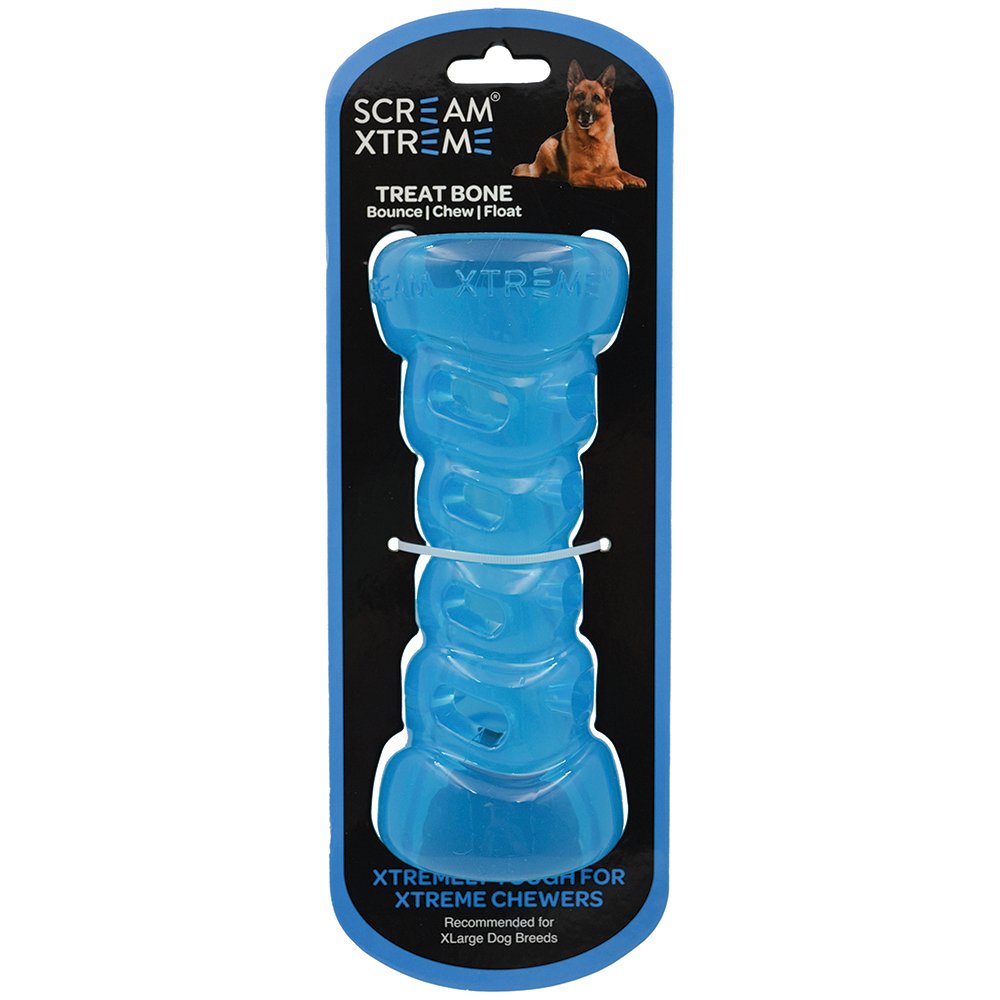 X-Large blue durable treat toy for dogs. Bounces and floats. 