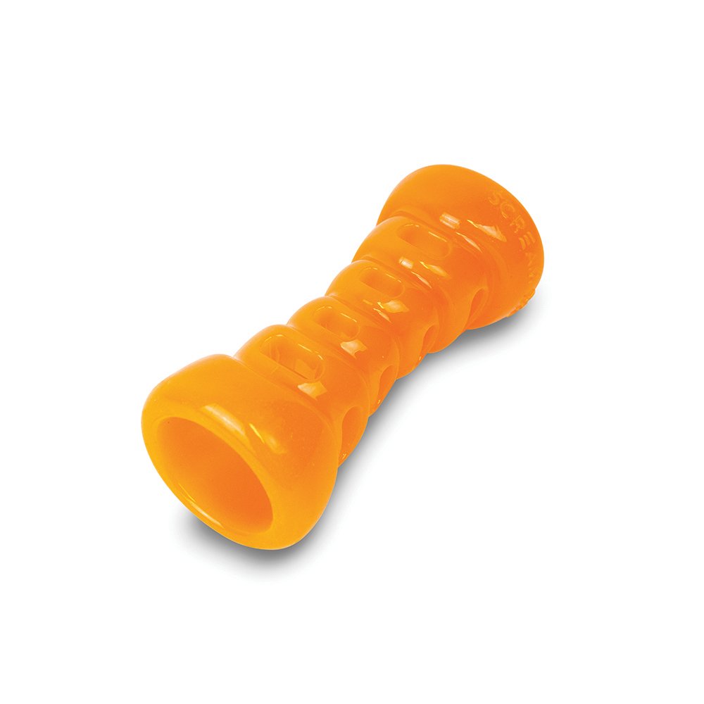 Orange chew toy for dogs with treat stuffing capability