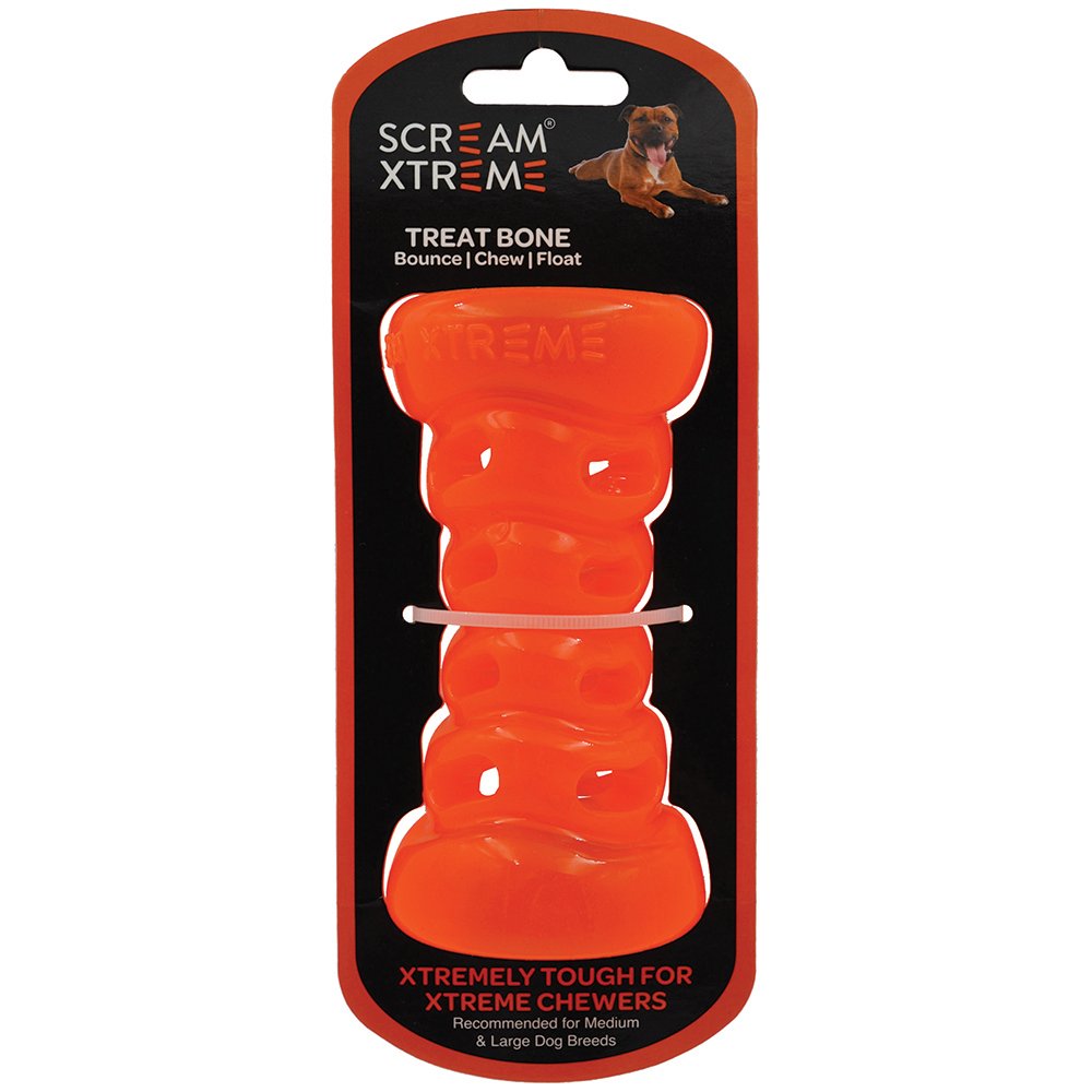 Durable Scream Xtreme Treat Bone dog toy, bounce, chew, float