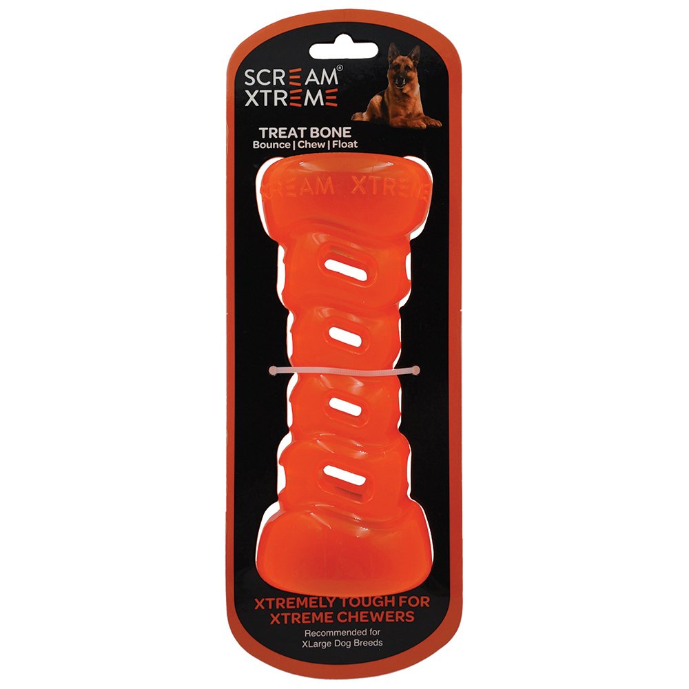 Orange weather-resistant dog toy, Scream Xtreme Treat Bone for outdoor fun