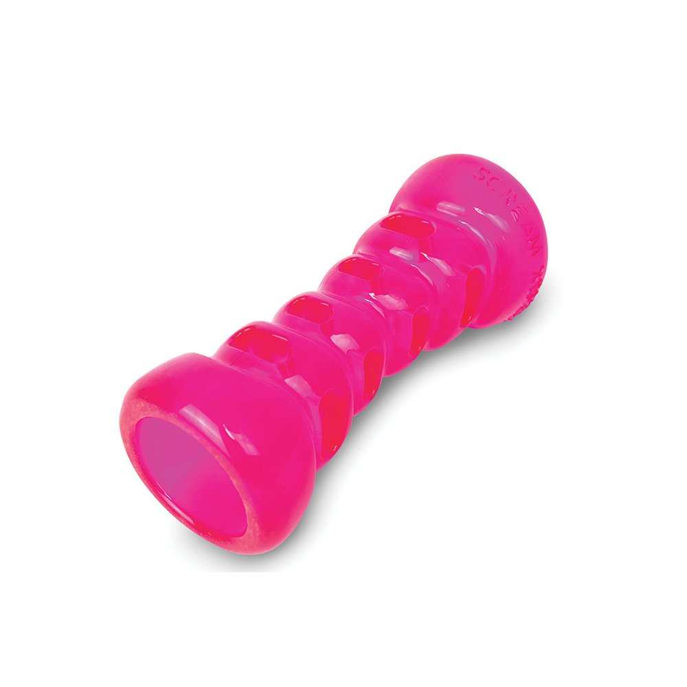 Pink chew dog toy with treat stuffing capability