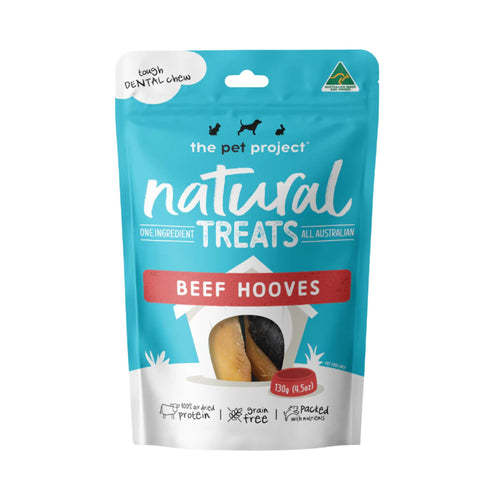 Front packaging of The Pet Project Beef Hooves natural hard chews for dogs.