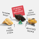 Visual display of key benefits of the Pet Project Beef Hooves, including 100% Aussie protein, health and long-lasting chew features.