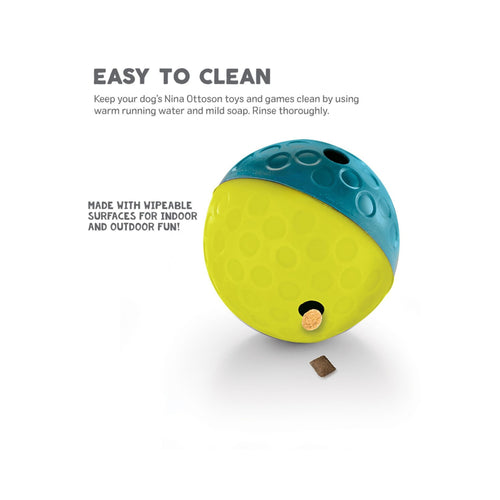 Graphic of Treat Tumble toy with easy to clean instructions.