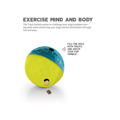 Graphic promoting Treat Tumble as mental stimulation puzzle toy.
