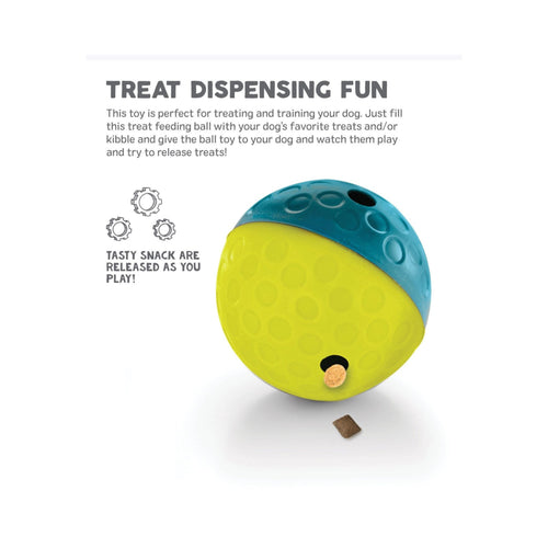 Graphic showing Treat Tumble interactive treat dispensing for dogs.