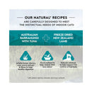 Trilogy Australian Barramundi with Pacific Island Tuna + New Zealand Lamb Adult recipe label for indoor cats