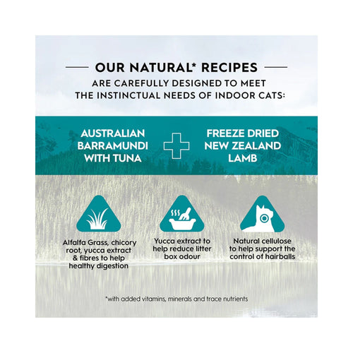 Trilogy Australian Barramundi with Pacific Island Tuna + New Zealand Lamb Adult recipe label for indoor cats