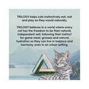 Text highlighting Trilogy cat food helps cats instinctively eat, rest and play with a featured grey tabby cat with a scenic background