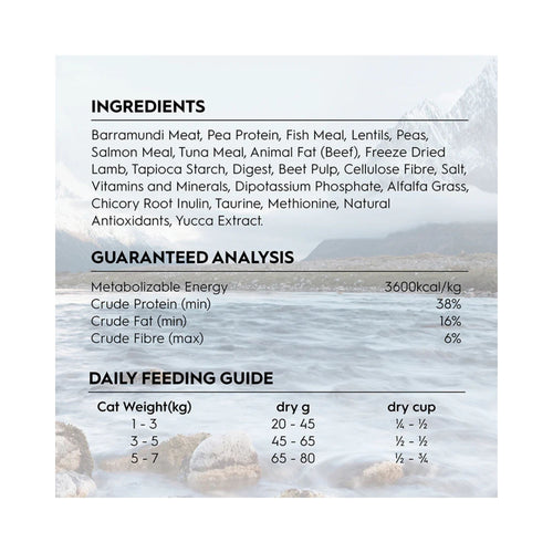 Trilogy Australian Barramundi with Pacific Island Tuna adult cat food label with ingredients, guaranteed analysis, and daily feeding guide