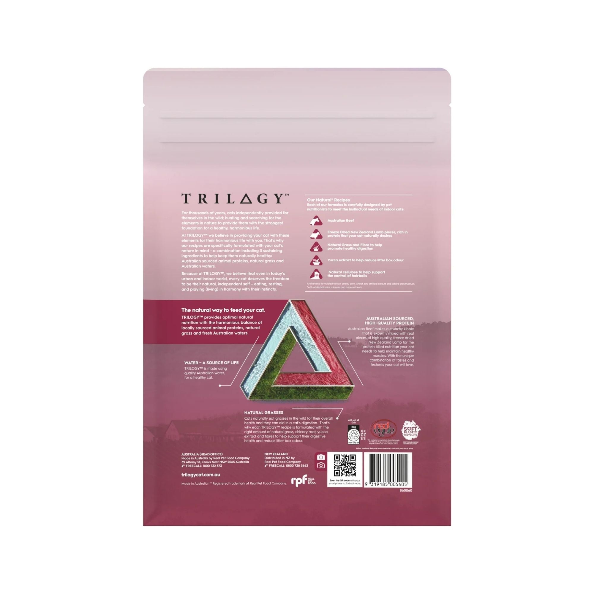 Trilogy Australian Beef + Freeze Dried New Zealand Lamb Adult Cat Food back packaging