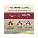Natural Recipe graphic promoting Trilogy Australian Beef + Freeze Dried New Zealand Lamb Adult Cat Food