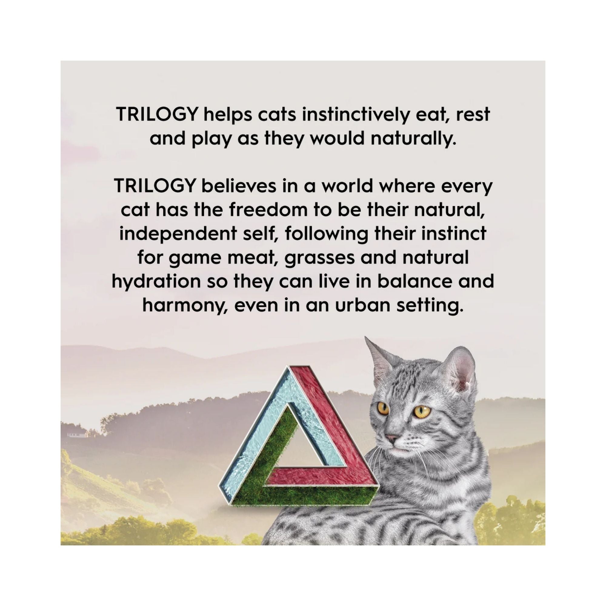 Trilogy brand logo next to a tabby cat with promotional text about the food's benefits for cats