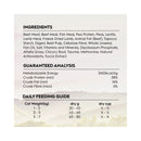 Nutritional label with ingredients, guaranteed analysis, and daily feeding guide for Trilogy beef + freez-dried lamb adult cat food