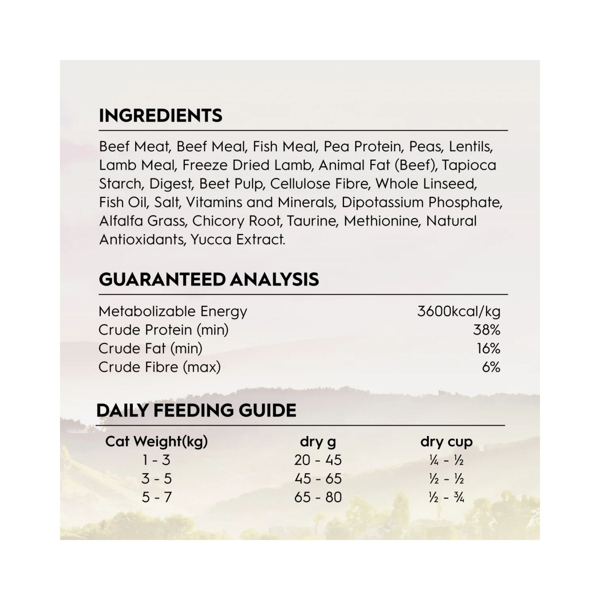 Nutritional label with ingredients, guaranteed analysis, and daily feeding guide for Trilogy beef + freez-dried lamb adult cat food