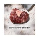 Raw beef meat highlighting 1st ingredient in Trilogy Australian Beef + Freeze Dried New Zealand Lamb Adult Cat Food