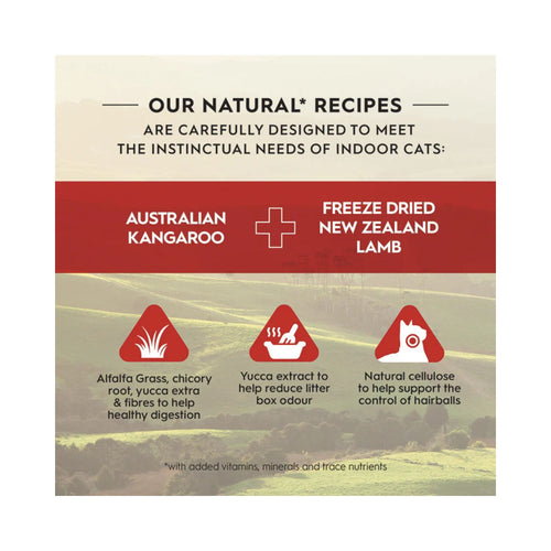 Product label for Trilogy Australian Kangaroo + Freeze Dried New Zealand Lamb Adult Cat Food
with ingredients and benefits listed