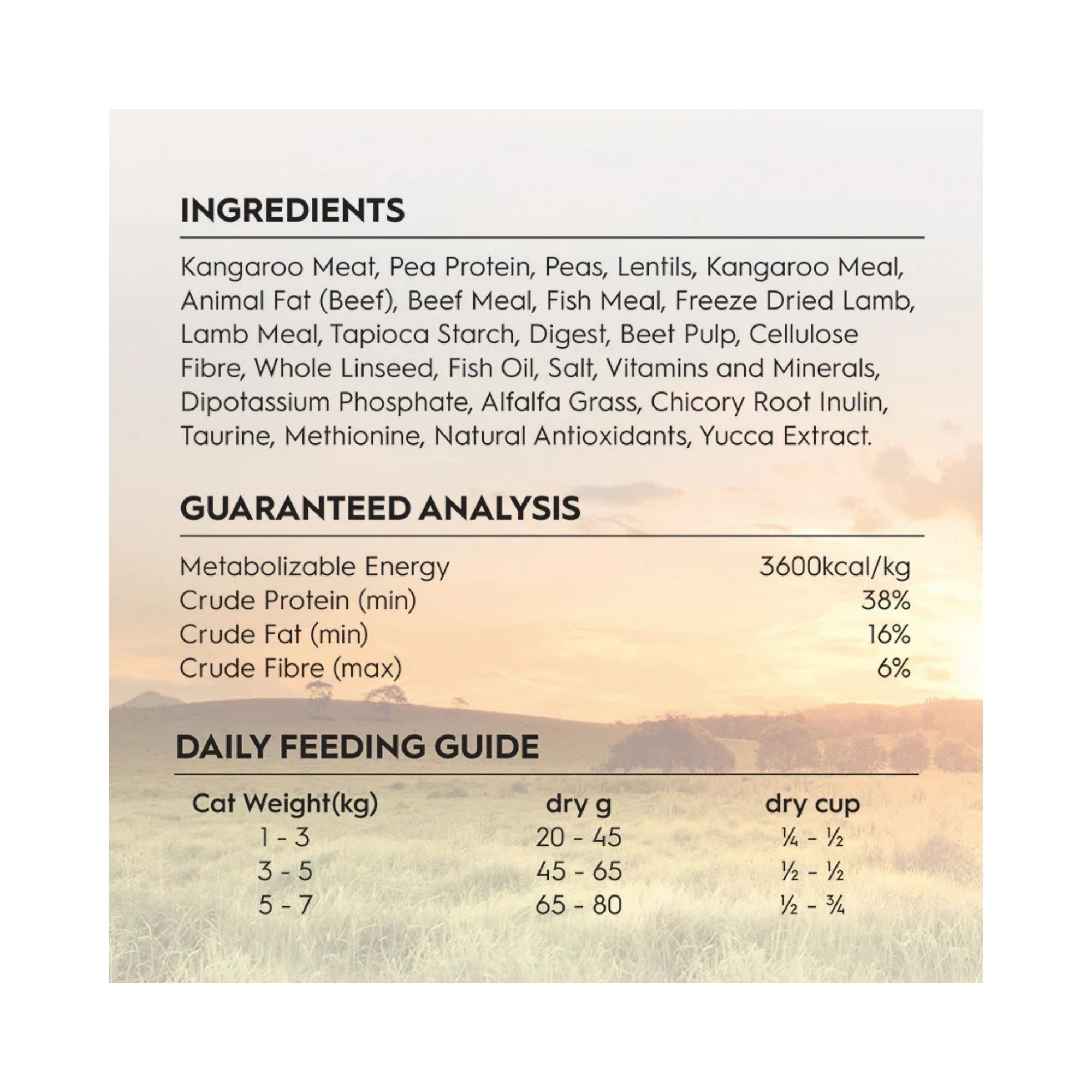 Trilogy Australian Kangaroo + Freeze Dried New Zealand Lamb Adult Cat Food ingredients, guaranteed analysis, and daily feeding guide