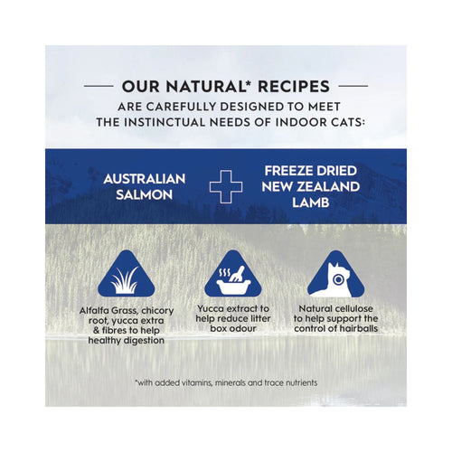 Promotional graphic for Trilogy Australian Salmon + Freeze Dried New Zealand Lamb Adult Cat Food highlighting benefits