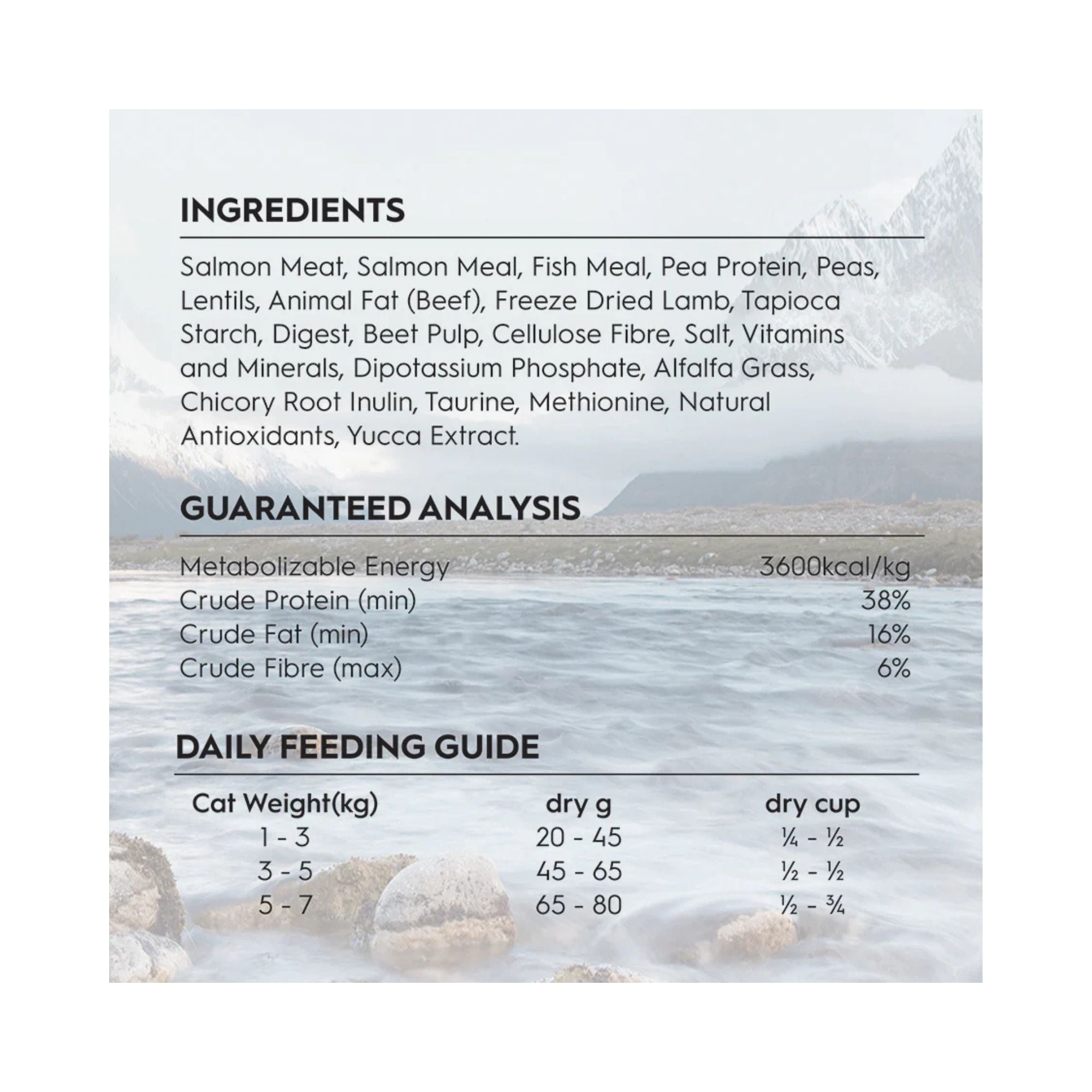 Product information panel for Trilogy Australian Salmon + Freeze Dried New Zealand Lamb Adult Cat Food with ingredients and feeding guide