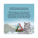 Grey tabby cat with lake and mountain background beside Trilogy logo promoting natural instinct nutrition