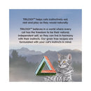 Grey tabby cat with mountain background beside Trilogy logo promoting natural instinct nutrition
