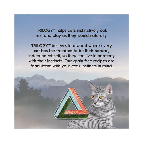 Grey tabby cat with mountain background beside Trilogy logo promoting natural instinct nutrition