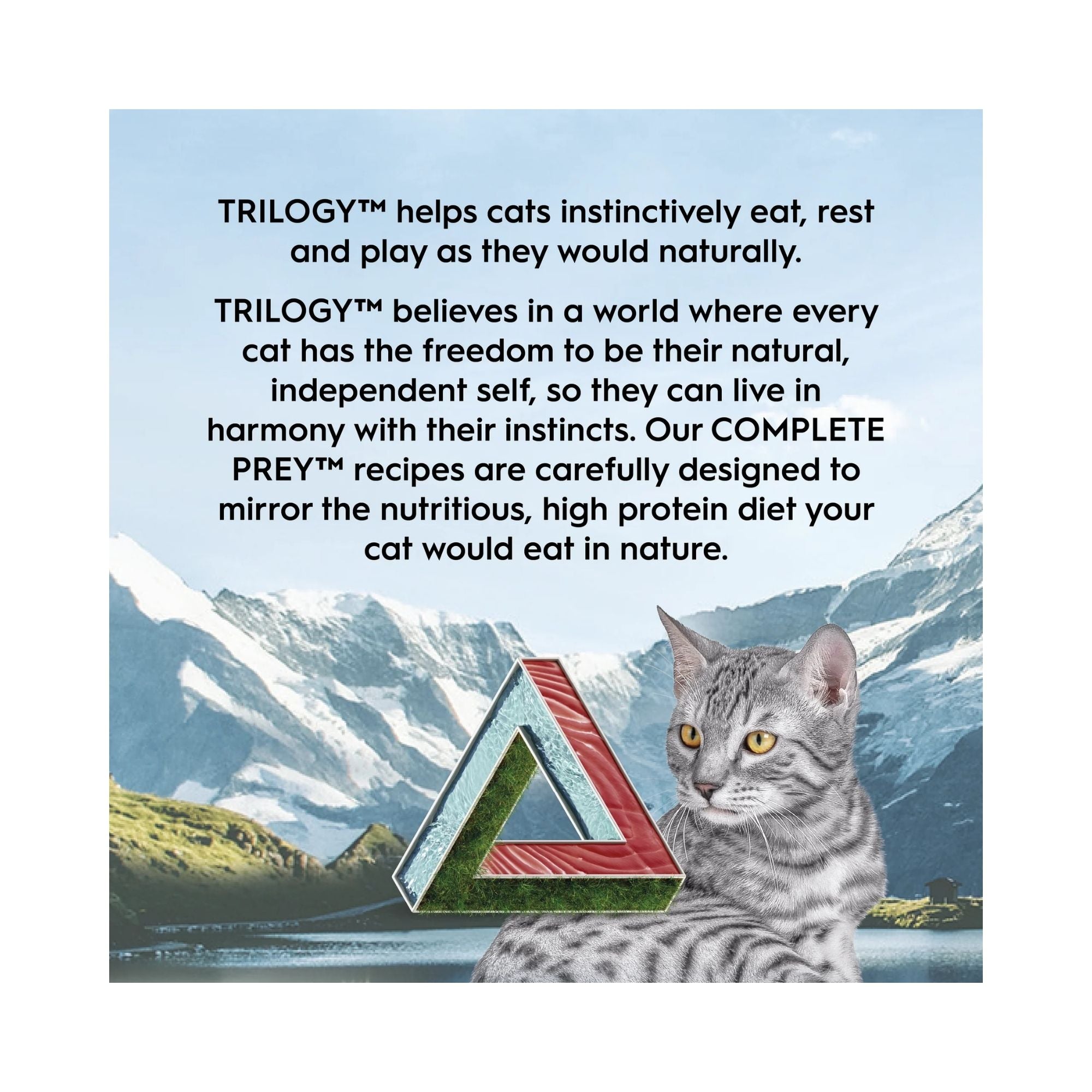 Grey Cat sitting in front of a lake and mountainous landscape with promotional text about TRILOGY cat food.