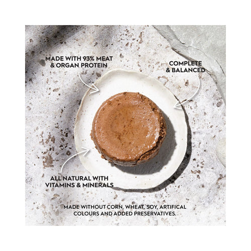 Bowl of Farm Raised Chicken complete prey pate, promoting meat protein and grain-free recipe on a stone surface