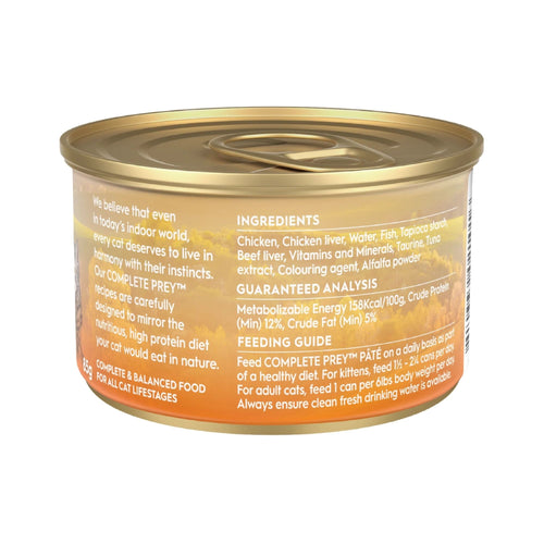 Back label of Trilogy Complete Prey Pâté Farm Raised Chicken Cat & Kitten Wet Cat Food 85g showing ingredients and feeding guide