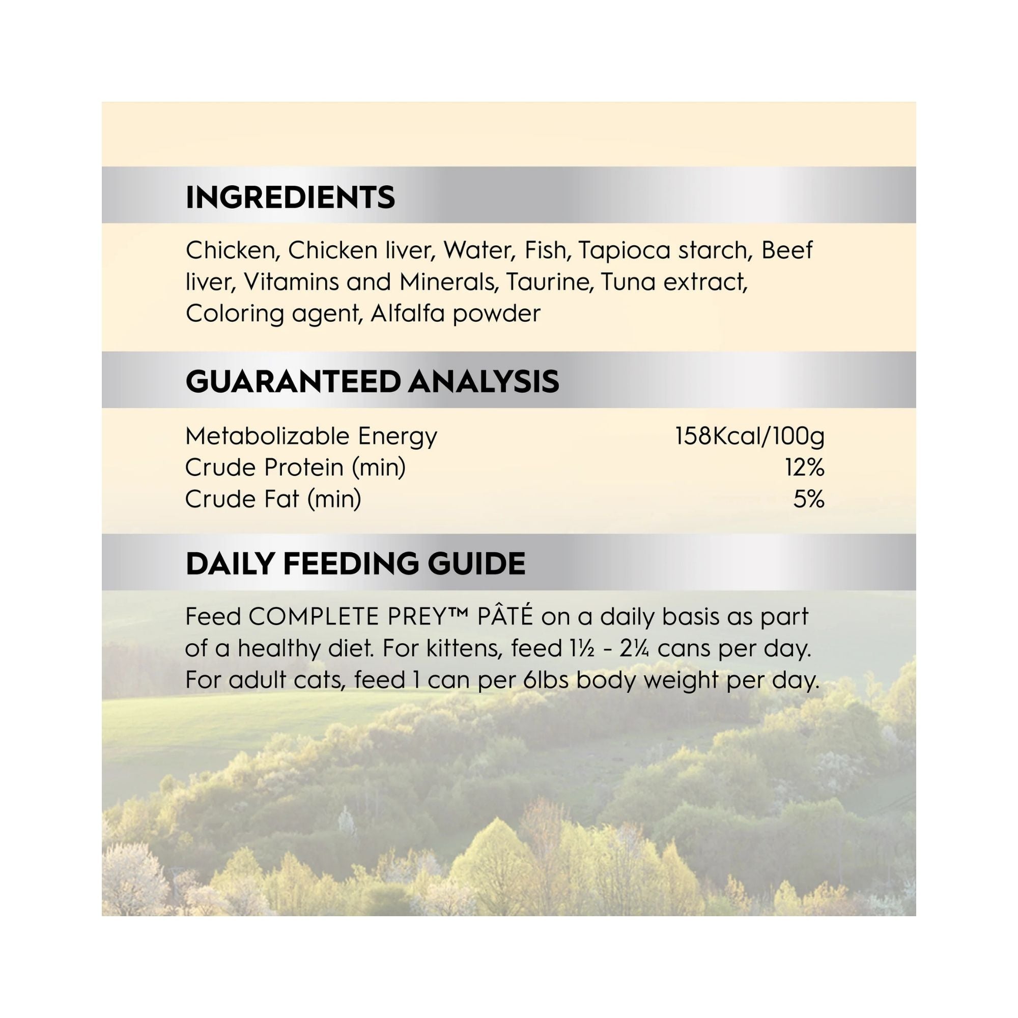 Nutritional label for a Trilogy Complete Prey Pâté Farm Raised Chicken Cat & Kitten Wet Food with ingredients, guaranteed analysis, and feeding guide.