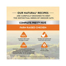 Promotional graphic for Trilogy Complete Prey Pâté Farm Raised Chicken Cat & Kitten Wet Cat Food, highlighting natural benefits.