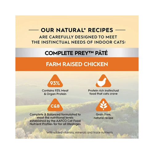 Promotional graphic for Trilogy Complete Prey Pâté Farm Raised Chicken Cat & Kitten Wet Cat Food, highlighting natural benefits.