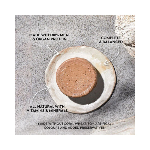 Bowl of wild-caught Alaskan salmon complete prey pate, promoting meat protein and grain-free recipe on a stone surface