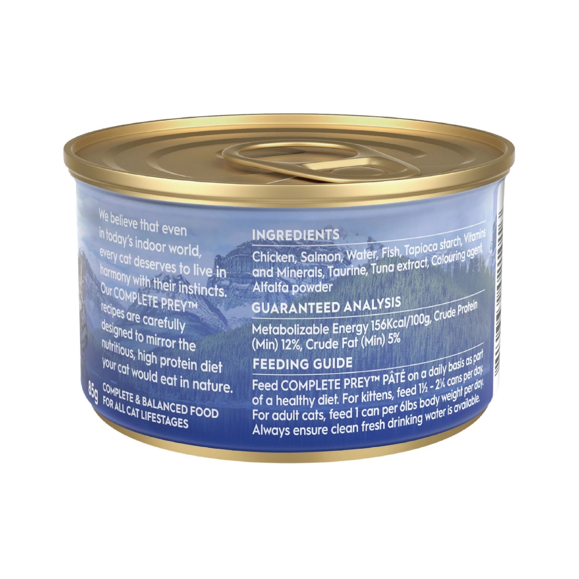 Back label of Trilogy Complete Prey Pâté Wild Alaskan Salmon Cat & Kitten Wet Cat Food 85g showing ingredients and feeding guide