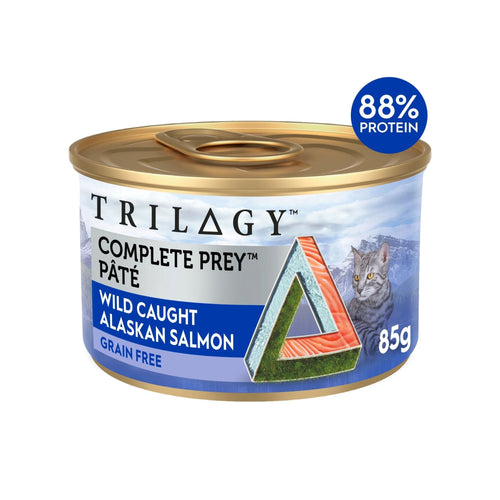 Front view of Trilogy Complete Prey Pâté Wild Caught Alaskan Salmon Wet Cat Food 85g ring pull can with 88% protein label