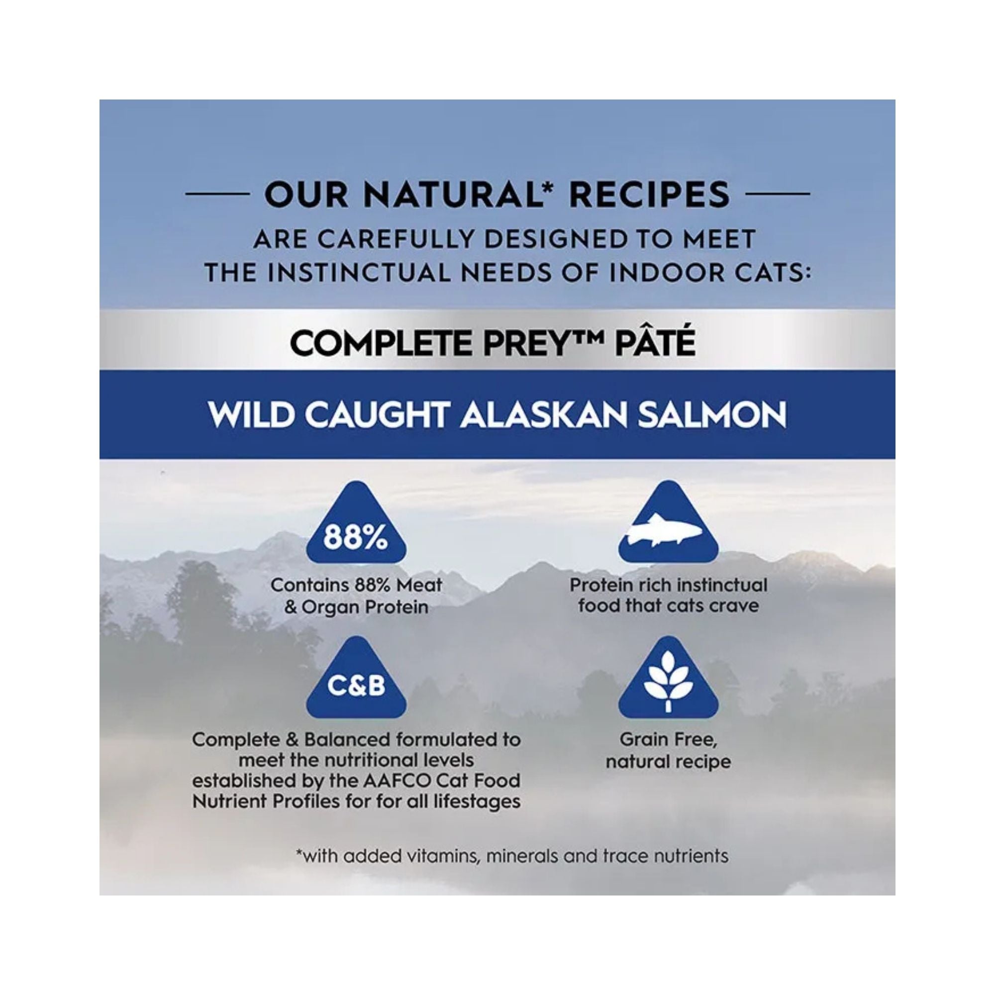 Promotional graphic for Trilogy Complete Prey Pâté Wild Alaskan Salmon Cat & Kitten Wet Cat Food, highlighting natural benefits