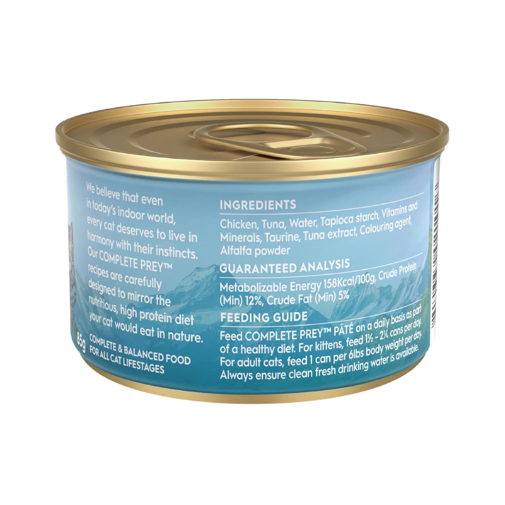 Back label of Trilogy Complete Prey Pâté Wild Caught Tuna wet cat & kitten food 85g showing ingredients and feeding guide